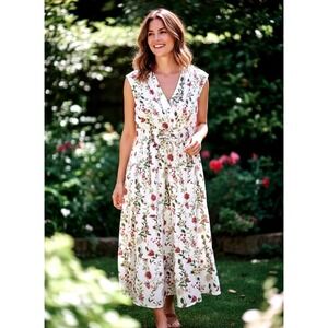 Floral Cotton Maxi Dress Womens XL Plum and Cream Botanical Smocked Tiered